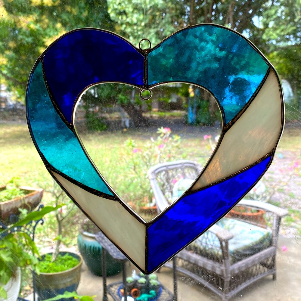 Hanging Blue Stained Glass Heart Sun Catcher - Picture 1 of 4